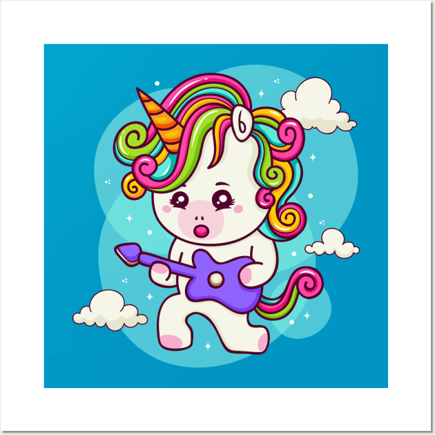 Unicorn with electric guitar in the sky Wall Art by Thumthumlam